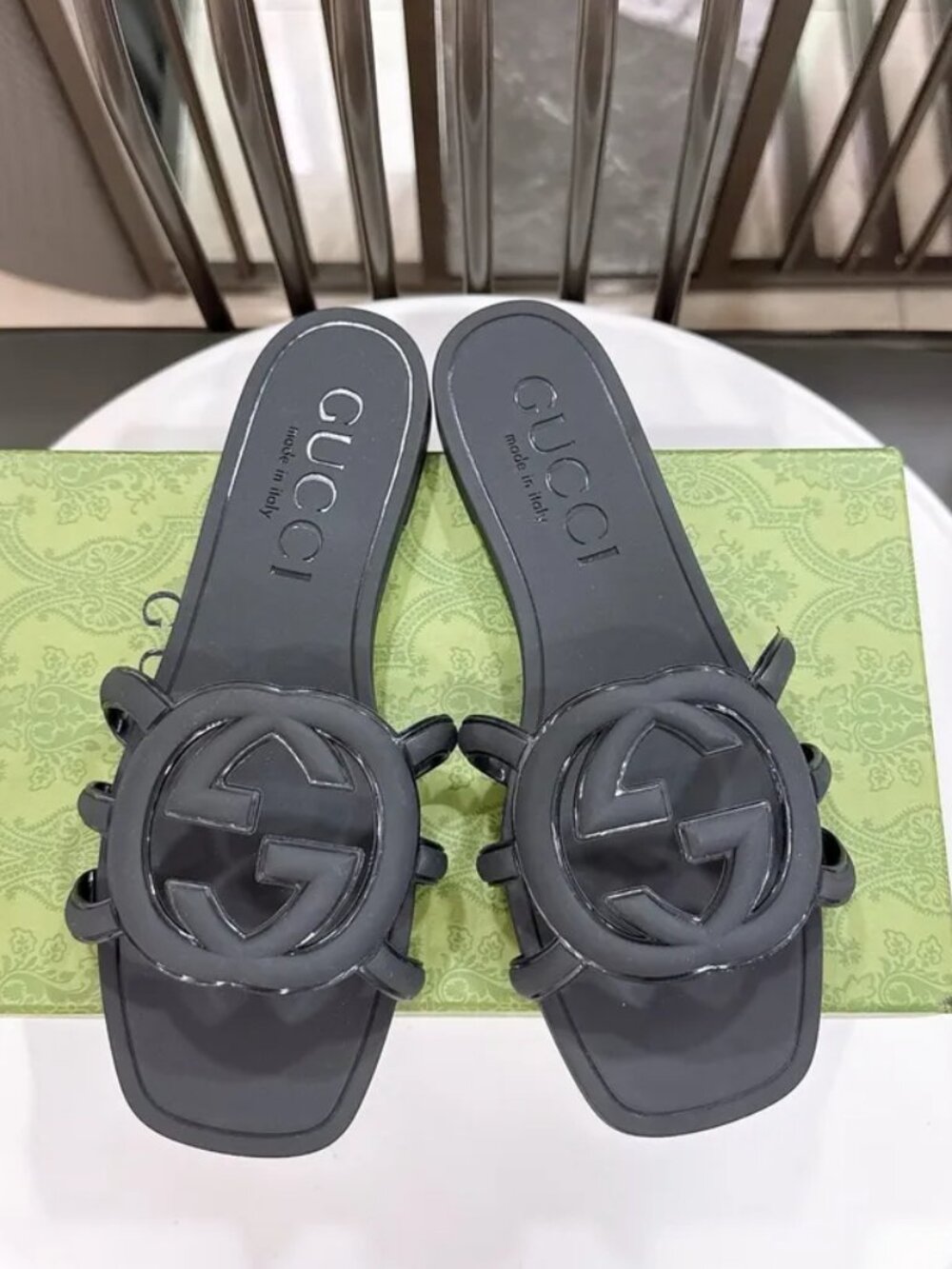 Gucci Interlocking G Black Rubber Slide Sandals - with Box
